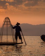 fisherman at dawn inle lake, myanmar